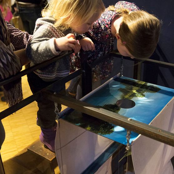 Kinder begutachten die Faltperspektive im Museum zur Vorgeschichte des Films in der Camera Obscura Mülheim